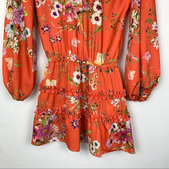 Alexis Loe Floral Ruffle Long Puff Sleeve Ruffle Mini Dress Red Orange XS - Picture 11 of 14